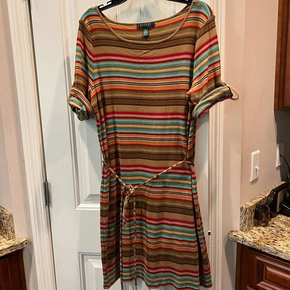 Ralph Lauren Brown Tan Orange Multi Striped Dress Sz 2X - Picture 1 of 4